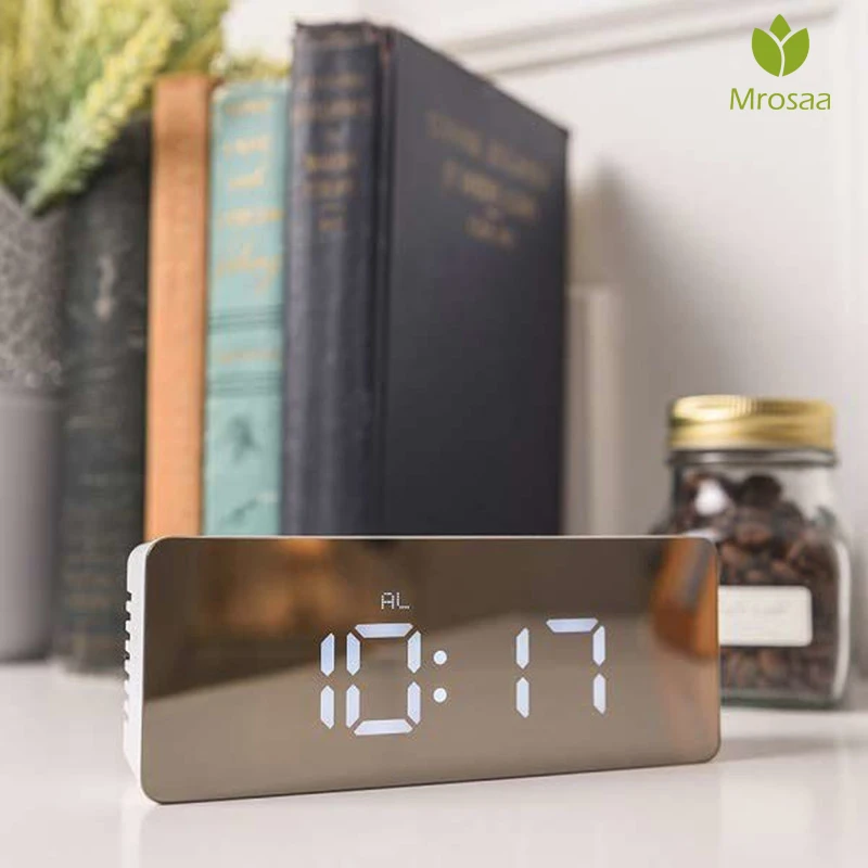 

Mrosaa LED Digital Alarm Clock Temperature Snooze Display Time Night Led Light Table Desktop Mirror alarm clock with Battery USB