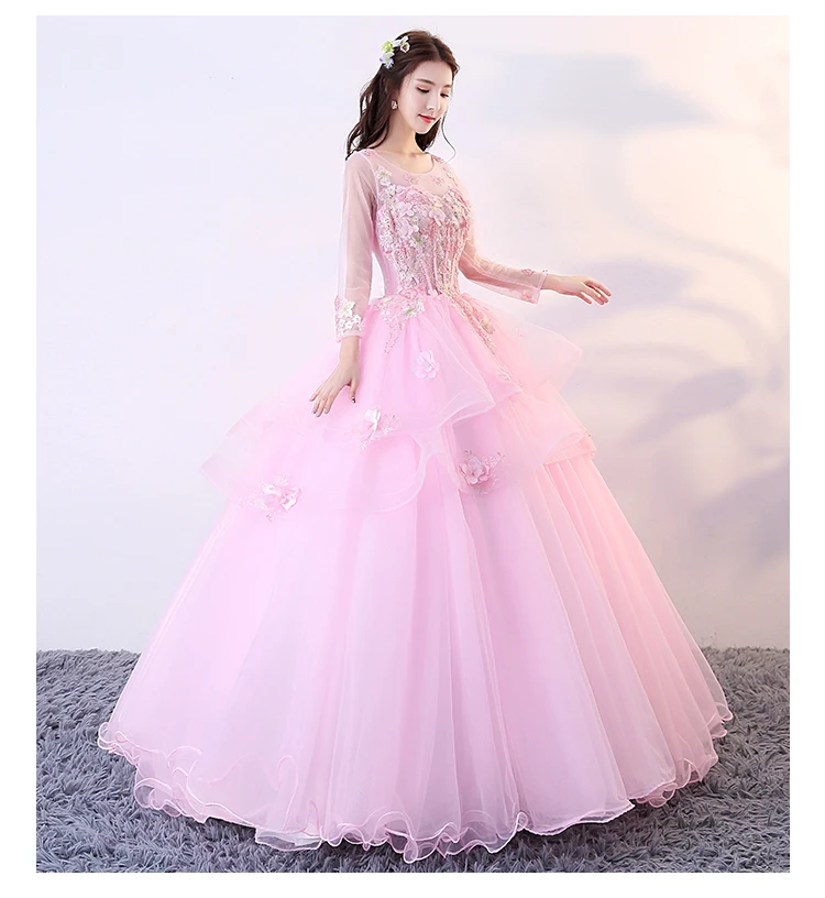 Розовые Бальные платья с длинными рукавами Пышное Бальное платье кружевное с цветами Vestido De Debutantes E 15 Anos платье для выпускного вечера розовое