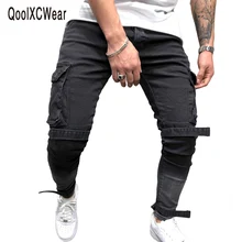 QoolXCWear, мужские джинсовые лямки с боковыми карманами, обтягивающие джинсы, Мужская Уличная одежда, черные байкерские джинсы, мужские Модные джинсы