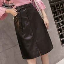 Длинные женские кожаные юбки осень высокая открытая талия одноступенчатая ягодица половина тела Новая зимняя Женская Юбка ленты в стиле ампир 1849 50