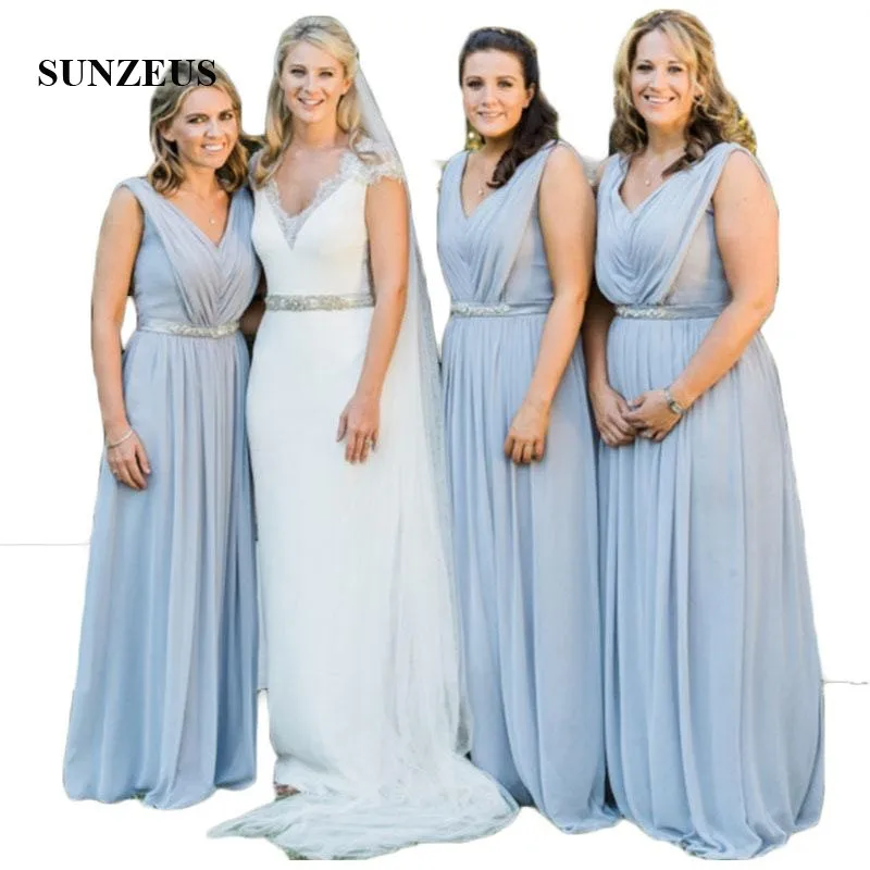 Chiffon A-Line Wedding Party Dress for Bridesmaid Tank V Neck Pleats Top with Beaded Waist Long Wedding Guest Dresses
