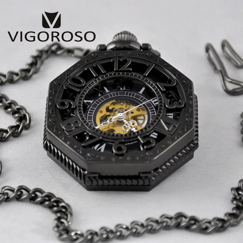 Vigoroso Новый стимпанк Бронзовый/черный/розовое золото сплав механические карманные часы Мода Дизайн Скелет Рука обмотки Часы часы