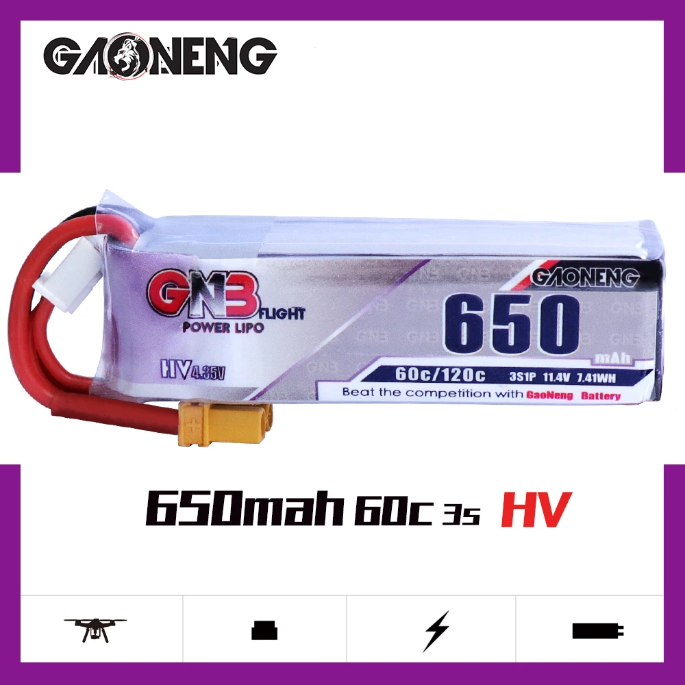 2 шт. Gaoneng GNB 650mAh 3S 11,4 V 60C/120C HV Lipo батарея XT30 разъем для FPV гоночный Дрон 4 оси БПЛА RC Квадрокоптер RC Дрон запчасти