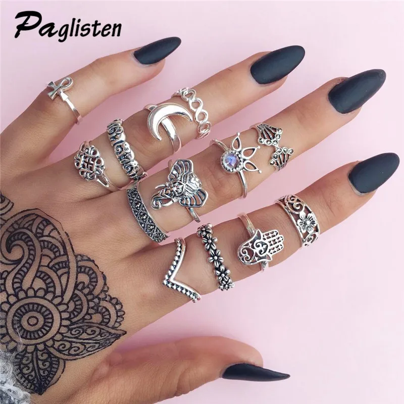 

Hot Fashion 13 Pcs/Sets Midi Small elephant Rings For Women Vintage Jewelry Ancient Silver Bohemia Flowers Finger Joint Ring