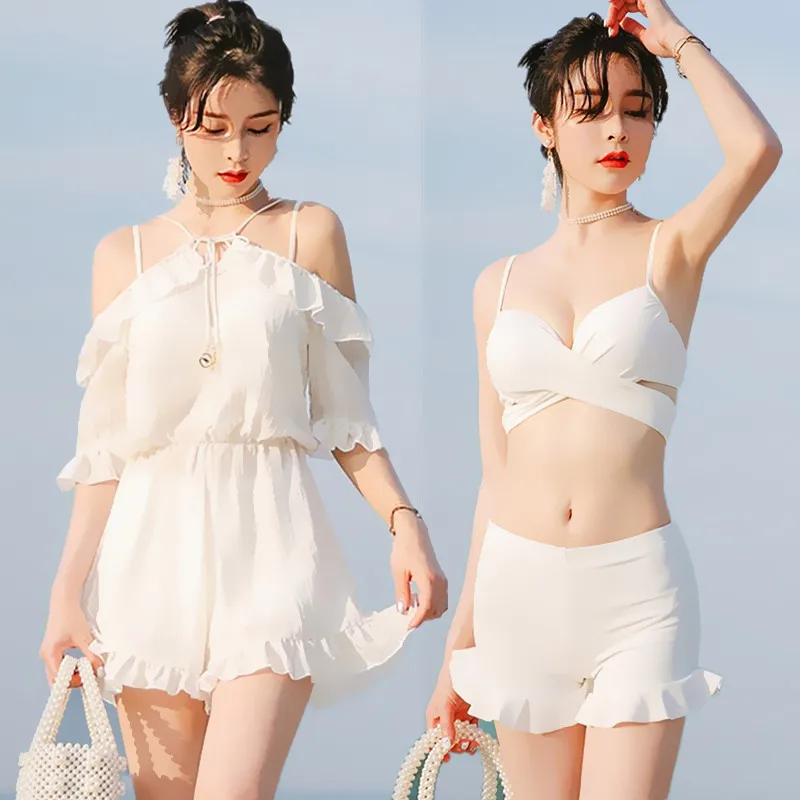 

2019 New Solid White Women Summer Three Pieces Bikinis Sets Swimwear with Cover Up Sexy Female Swimming Beach Wear Swimsuit
