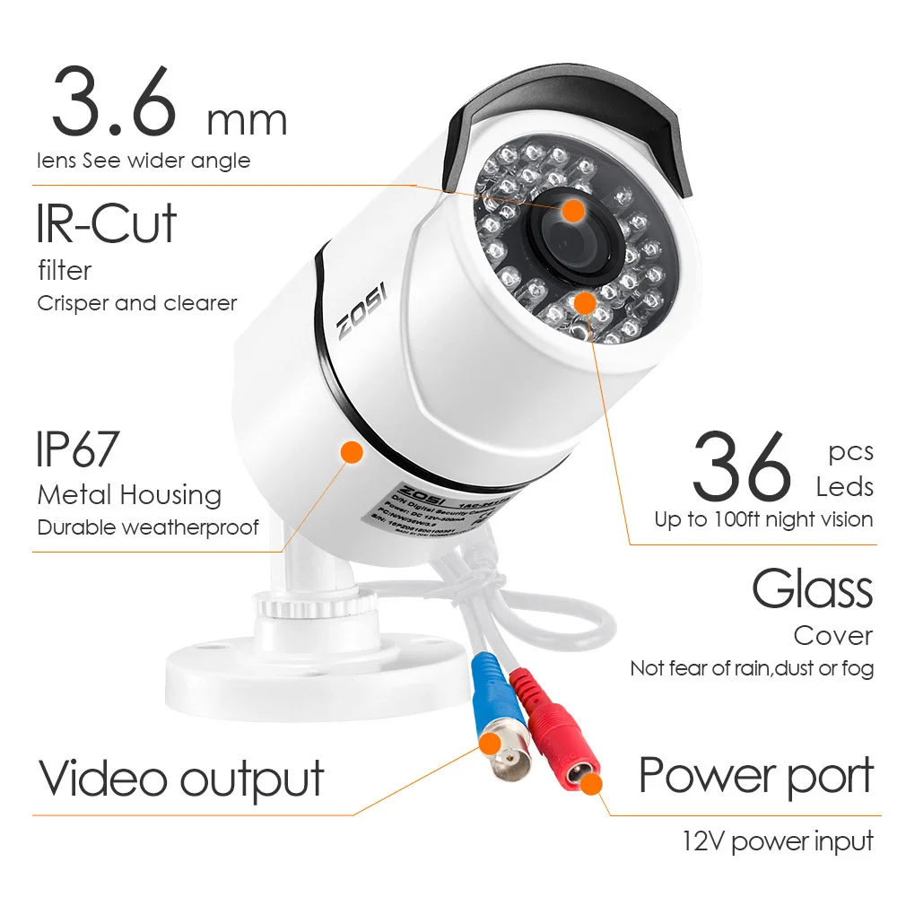Tanie ZOSI 5MP Super HD zewnętrzna wewnętrzna kamera bezpieczeństwa 36 sztuk diod led, 100ft IR Night Vision, odporne na warunki atmosferyczne kamery monitoringu cctv kamera typu bullet