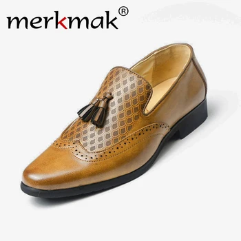 

Merkmak Men Dress Shoes Classic Tassel Brogue Oxford Shoes British Style Leather Loafers Soft Flats Wedding Formal