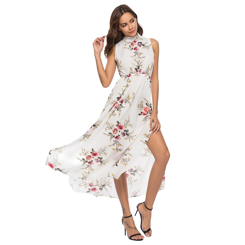 Women Summer Floral Print Beach Dress Ladies Sexy Thigh Slit Slip Midi Halter Sleeveless High Waist Tank Vestido | Женская одежда