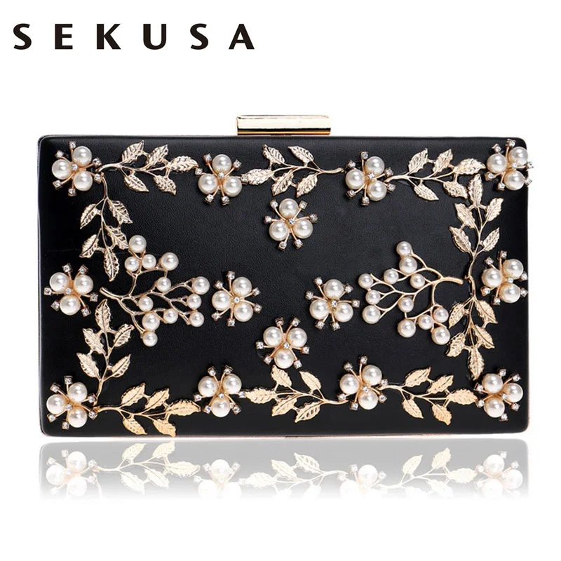 

SEKUSA Women Fashion Clutch Bag Beaded Leaf Metal Gold Lady Evening Bag Chain Shoulder Handbags Party Wedding Bridal Bags