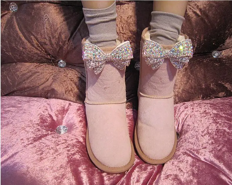 

European station autumn and winter new hand-studded bow gemstone low tube leather shoes cotton shoes snow boots