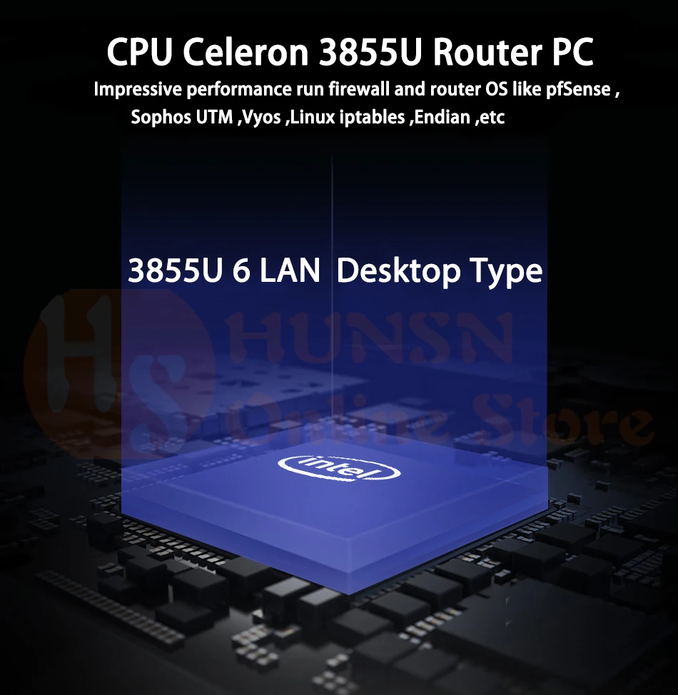 Брандмауэр Mikrotik Pfsense сети VPN Security Appliance маршрутизатора ПК Intel Celeron 3855U, [HUNSN RS03], (6LAN/2USB2. 0/1COM/1VGA)