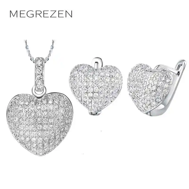 MEGREZEN свадебные серьги и ожерелье с камнями для невесты Joyas De Plata кубический