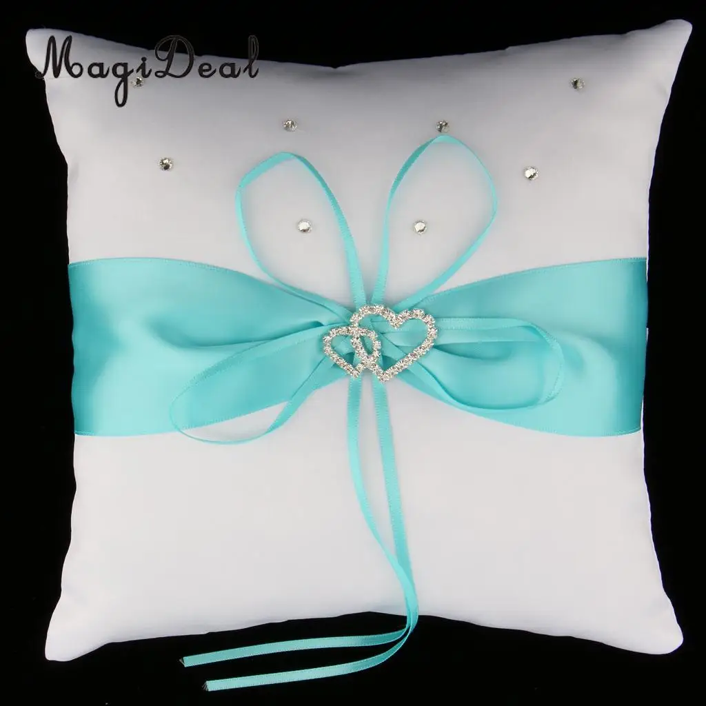 Wedding Ceremony Satin Heart Ring Pillow Diamond Ribbon Ring Bearer Cushion