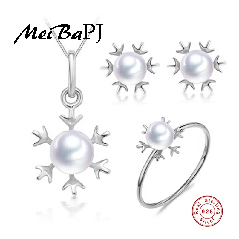 

New specials natural freshwater pearls S925 sterling silver snowflake party three pieces jewelry set for girl new year gift