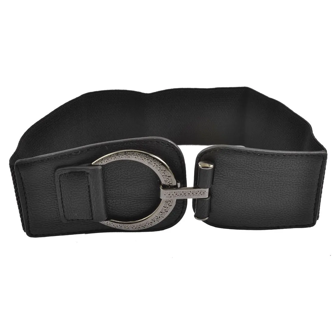NEW Woman Hook Buckle Faux Leather Elastic 6cm Wide Band Belt Blackin