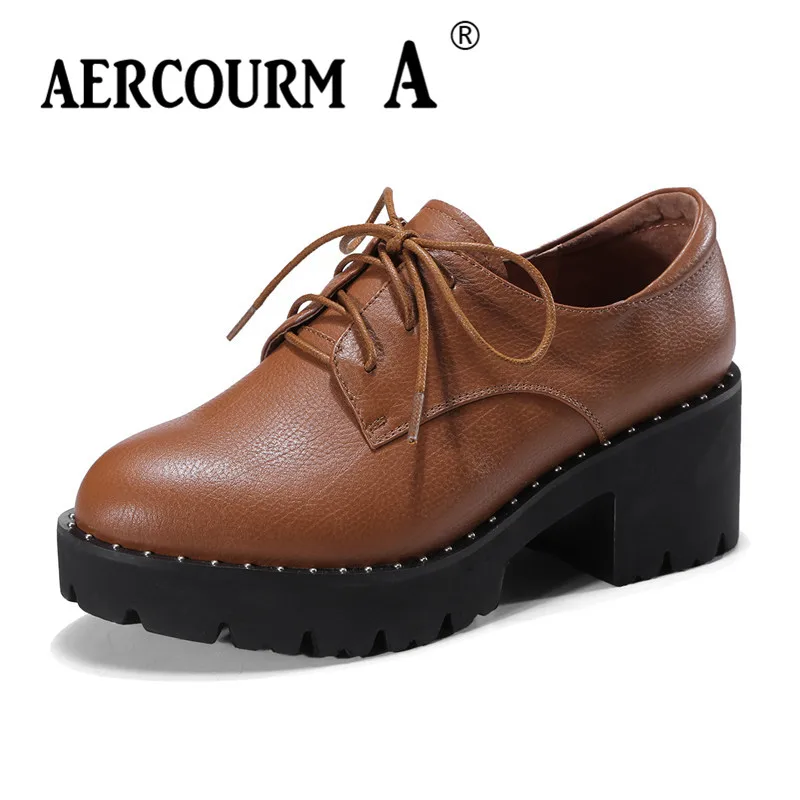 

Aercourm A 2018 Genuine Leather Women Platform Shoes New Round Toe Female Casual Square High Heels Woman Wedges Shoes DNT88-1