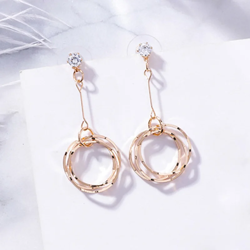 

2019 Layered Circle Loop Geometric Gold Rhinestone Long Dangle Earrings For Women Korean Fashion Girl's Drop Earring Jewelry