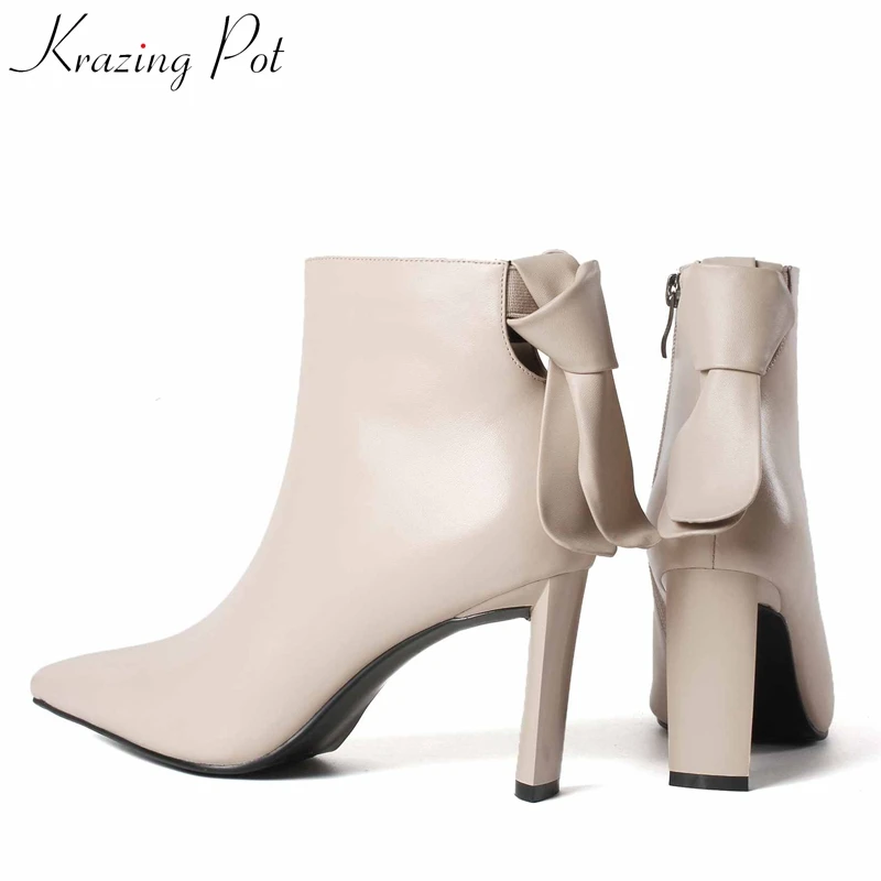 

Krazing Pot genuine leather stiletto high heels pointed toe European butterfly-knot banquet office dinner party ankle boots L80