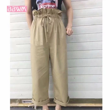 

2018 Korean version of the new women's pants wooden ear fashion slim elastic waist casual pants loose wild solid color pants tie