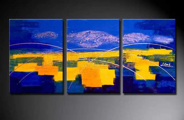 

Hand-painted free shipping Blue ocean yellow beach home decoration abstract oil painting on canvas 3pc/set picture oil