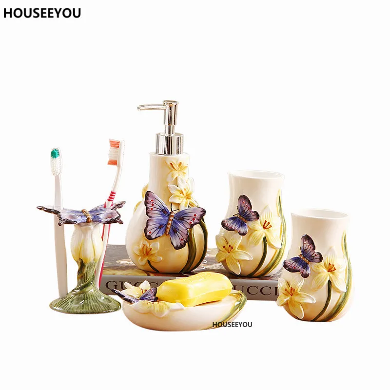 

European Style Butterfly Floral Decor Ceramics Suite Bathroom Set Accessories Soap Box Dispenser Toothbrush Cup 5pcs/set