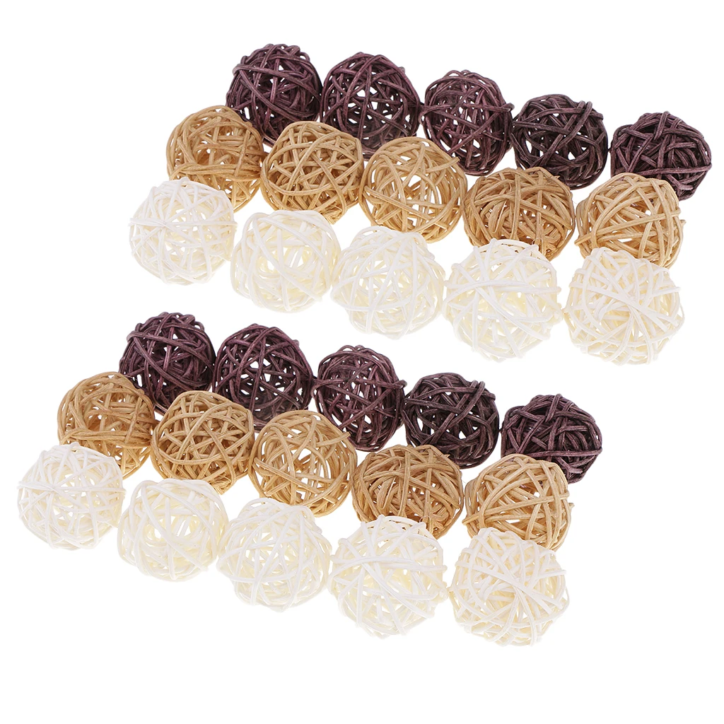 30Pieces 3cm Rattan Wicker Balls White Brown Natural Colors for Home Wedding Party Rustic Decorations, Vase Fillers, Bird Toys