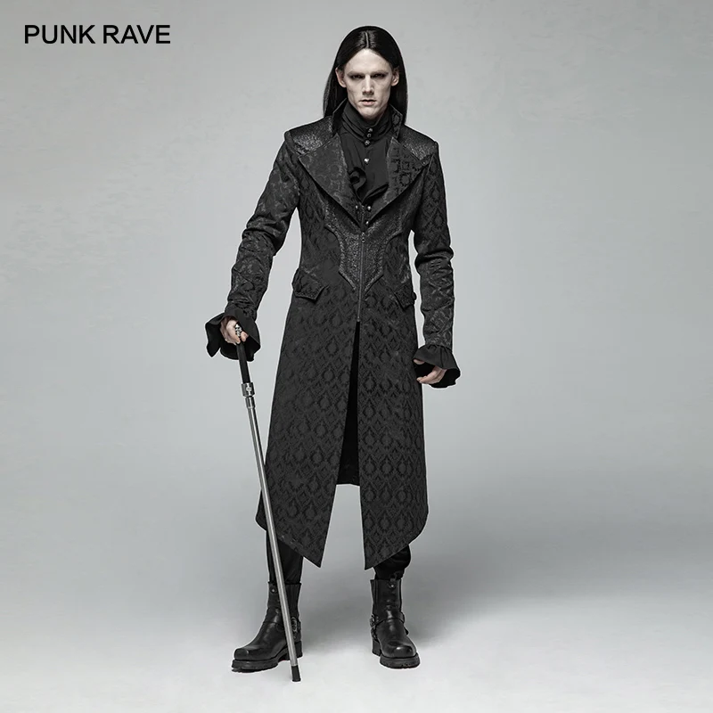 

PUNK RAVE Men's Gothic Jacquard Mid-legth Coat Fashion Steampunk Retro Halloween Party Club Coat Stage Perform Long Trench Coat