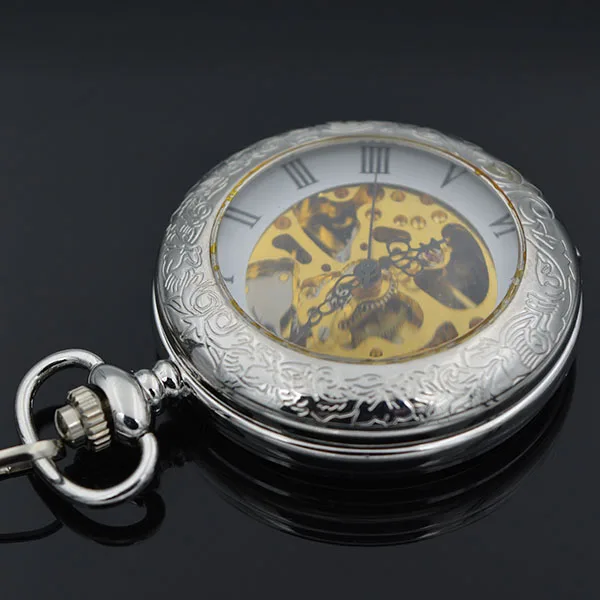 Модные Серебристые механические стимпанк скелет Роман половина охотник ручной обмотки кулон карманные часы Reloj De Bolsillo