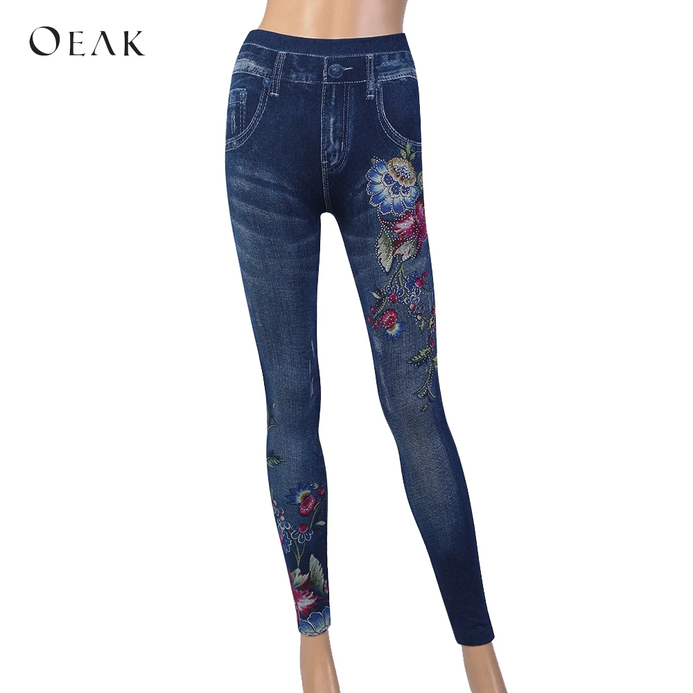 

OEAK 2019 Women's Embroidered High Waist Denim Sommer Floral Rose Print Workout Pants Mujer Slim Fit Capri Leggings Trousers
