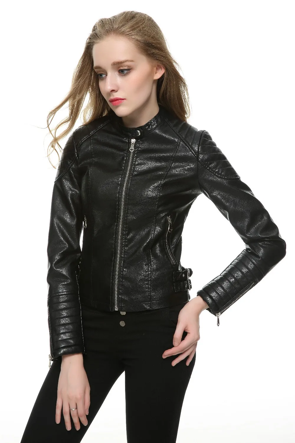 2020 Fashion Women Elegant Zipper Faux Leather Biker Jacket in Brown Black Slim Ladies Coat Casual brand Motorcycle Leather Coat