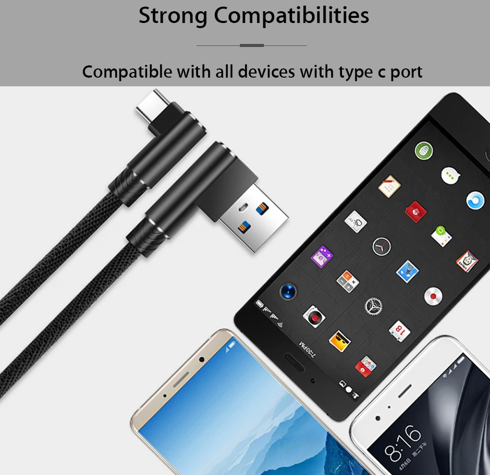 90 Degree USB Type C Cable 3.1 Fast Charging Cable Tipo C 3m 2M for Xiaomi Mi A3 9t 9 Pro Samsung Note 10 A80 A20 A50 A70 M30s