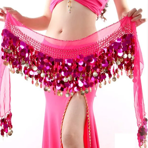 Горячая распродажа женский костюм для танца живота хип шарф обёрточная бумага Блестки Пояс монеты шифоновая юбка - Цвет: Rose