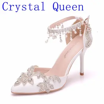 

Crystal Queen Women Shoes High Heels Wedding Thin Heels White Diamond Glittering Evening Dress Sandals Bride Shoes Pumps Party