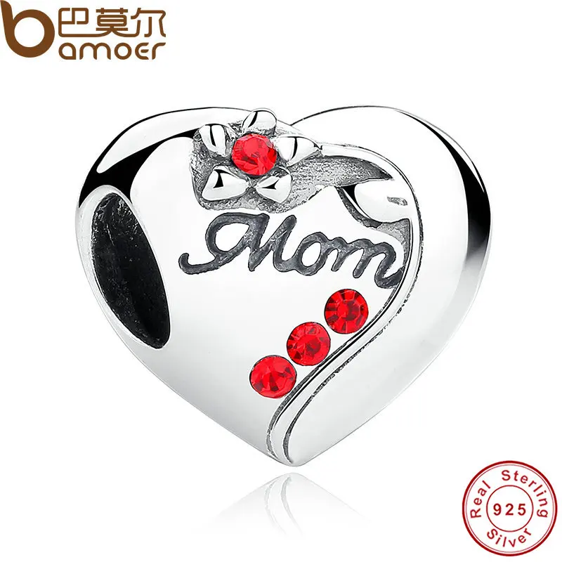 BAMOER Authentic 925 Sterling Silver MOM Red Heart Charms fit Bracelets Mother 's Day Gift SCC004