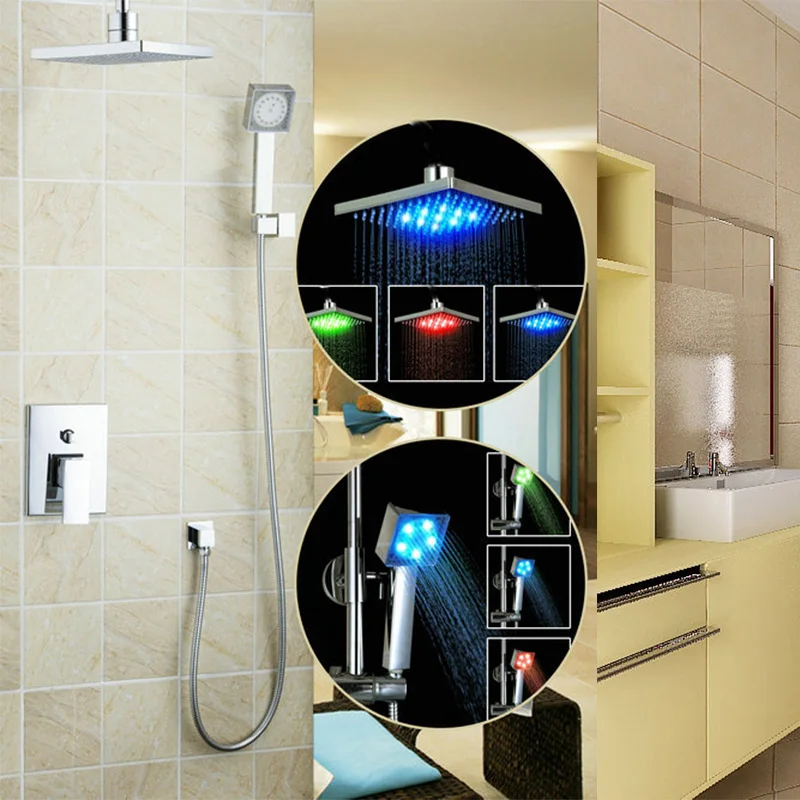 

8" LED New Wall Mounted Ultrathin Spray Square Waterfall Handheld Shower Chrome Polished Shower Sets Tap Mixer Faucet Sets Head