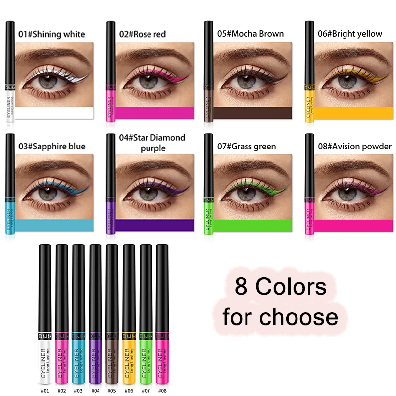 

Dnm Easy To Color Non Staining Waterproof Anti Sweat Natural Color Matte Colourful Liner 8 Colors Liquid Eyeliner Glitter White