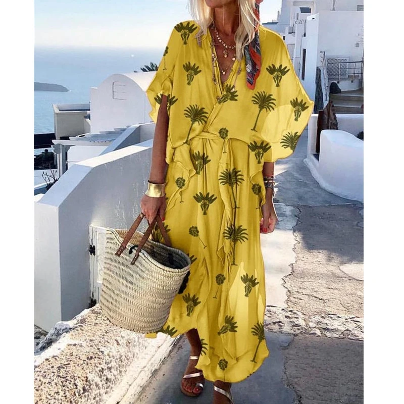 

CALOFE New Bohemian Maxi Dress Women Loose Bandage Long Dress Sexy V Neck Beach Holiday Sundress White Casual Long Vestidos
