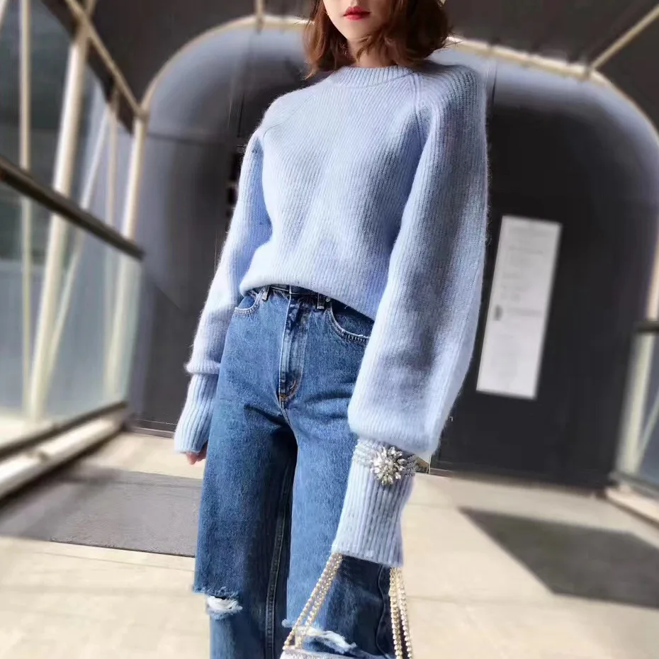 

New Sweater Light Blue Loose Cuff Water Drill Suit Knitted Sweater Pullovers O-Neck Computer Knitted Fashion Sweater Women