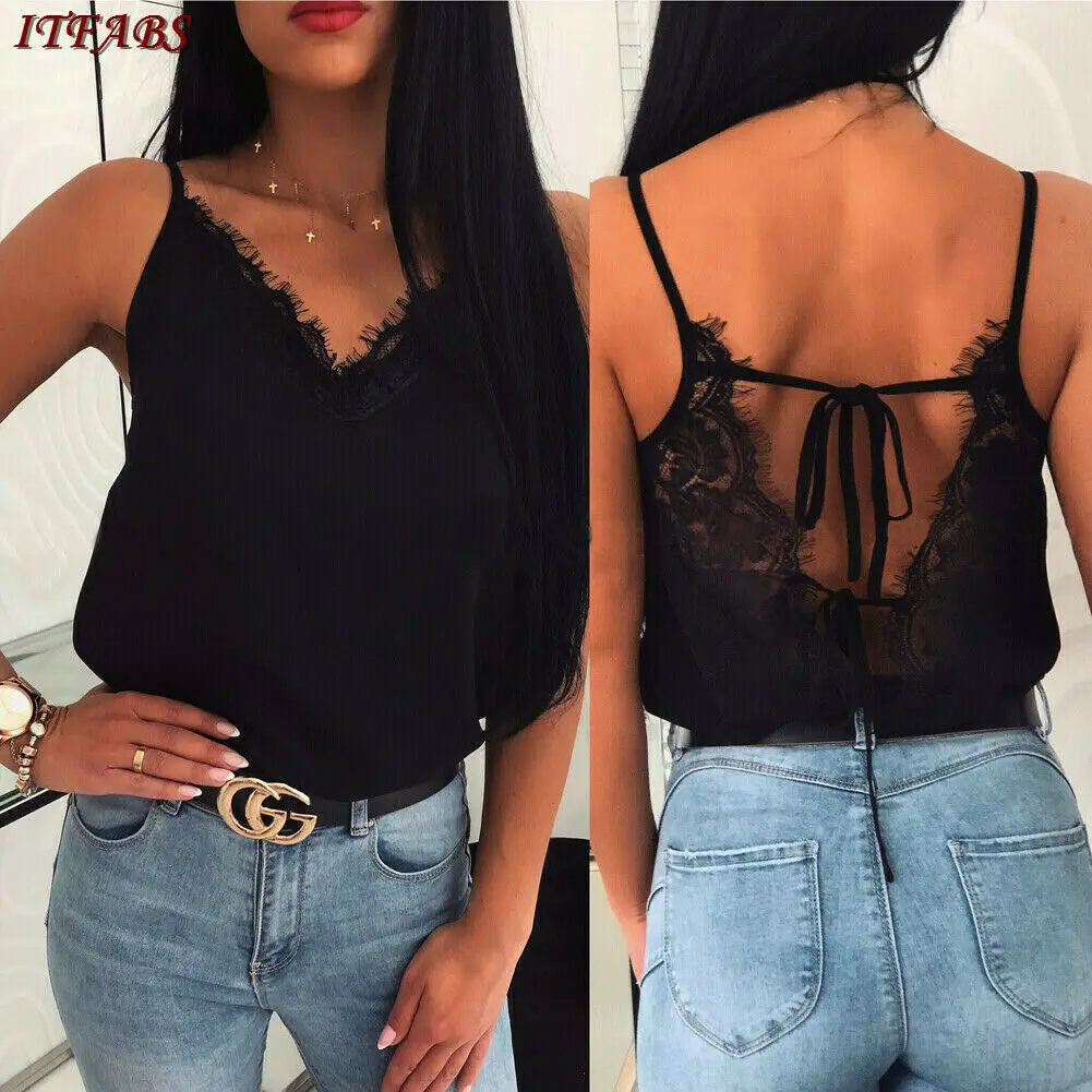 

Summer arrival Women Casual Tank Tops Ladies Slim Satin Silk Lace Patchwork Vest Tops Summer Sling V-Neck Backless Women Tanks