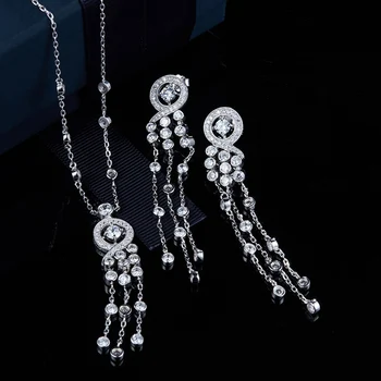 

Hot AAA Crystal Zircon 925 Sterling Silver Tassel Earring Collar Necklace Jewelry Set Sweater Chain necklace Women Wedding
