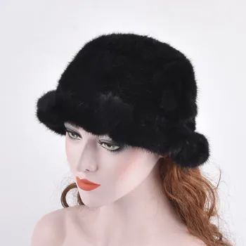 

fashion mink fur knitted women winter genuine mink fur bucket hat ruffle hem with flowers