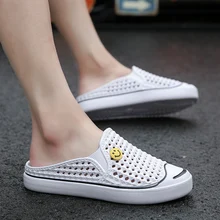 Half-slipper Cave Mens Slippers Summer Men's Smile Flat Slippers Baotou Beach Shoes Travel Hollow Slippers