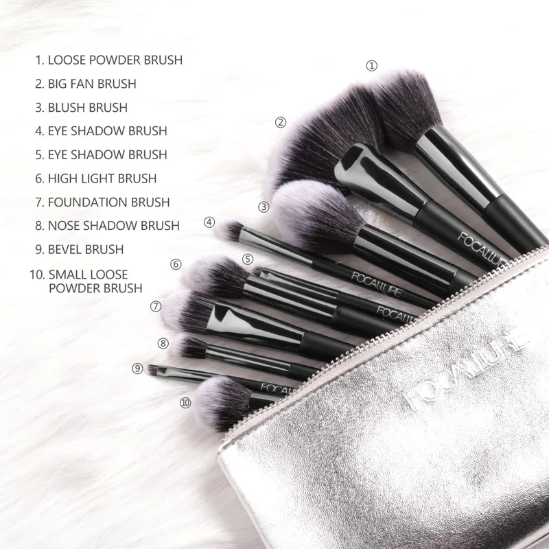 Focallure 10 шт. набор кистей для макияжа для теней для век Румяна бровей Профессиональная Кисть мягкая для легкого макияжа Кисти с сумкой