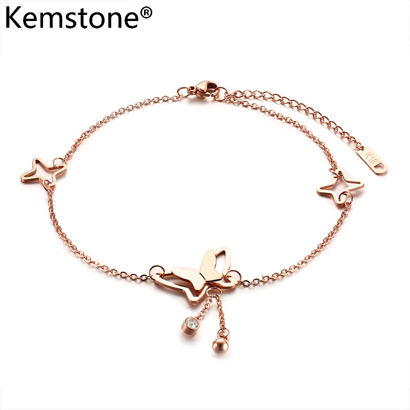 

Kemstone Stainless Steel Romantic Rose Gold Color Butterfly Rhinestone Women Anklet Jewelry Present