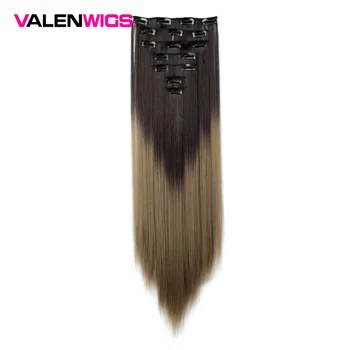 

Valen Wigs Ombre Wig Two Tones 7Piece/set Clip in On Hair Extensions Long Straight Synthetic Hair Hairpieces For Women 22" 130g