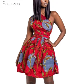 

Fadzeco African Dress For Women Sexy Backless Batik Printing Skater Dress Elastic Waist Large Swing Dress African Dress