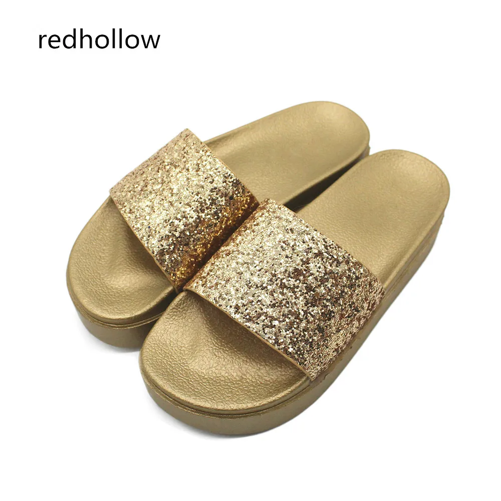 

Fashion Woman Slippers Bling Beach Flip Flops Summer Sandals Slippers Platform Sandals High Heels Shoes Female Slides Gold 2019