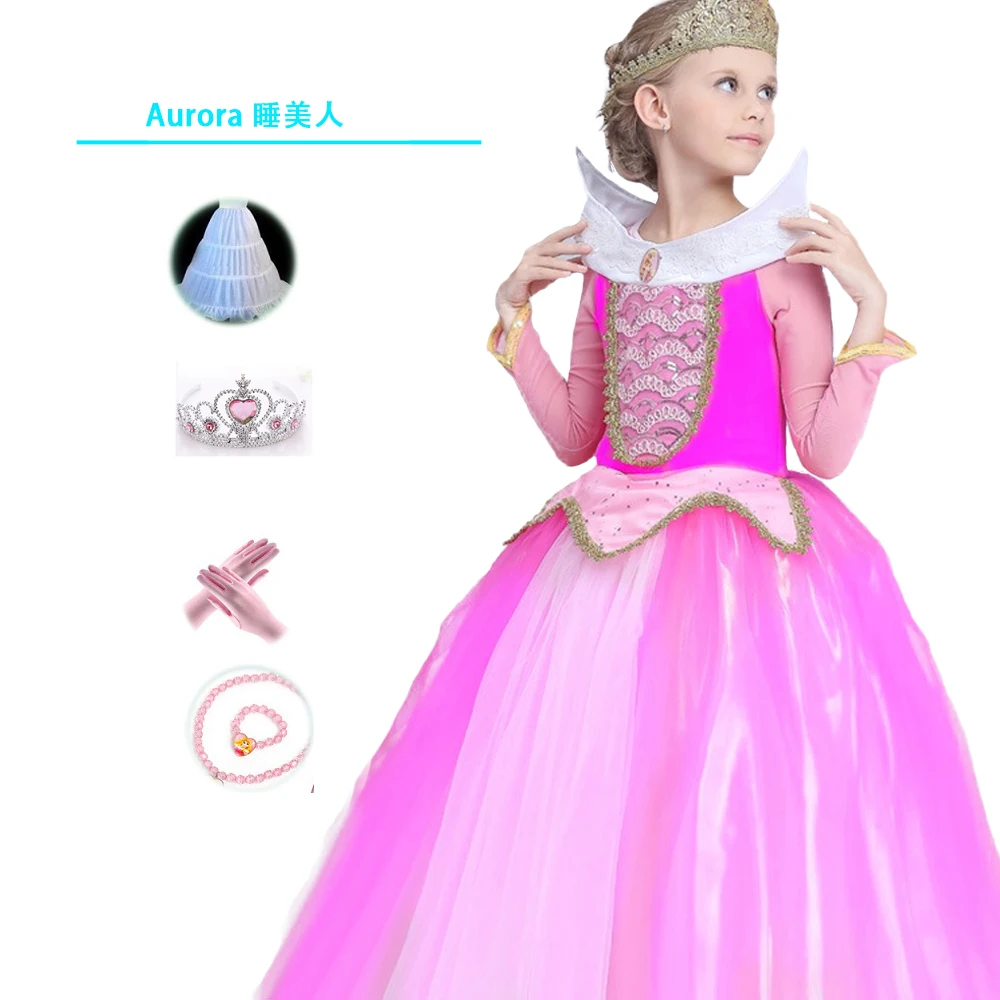 

Halloween Girls Dress formal Long Pink Dresses Children Sleeping Beauty Princess Dress Aurora Kids Party Costume Clothing