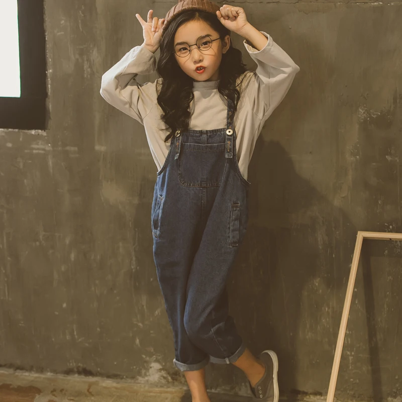 

Girls Autumn Jeans Outfits Female Children 2018 New Sweatshirt+Bib Pants Girl Fashion Casual Denim Trousers Teenage Costumes