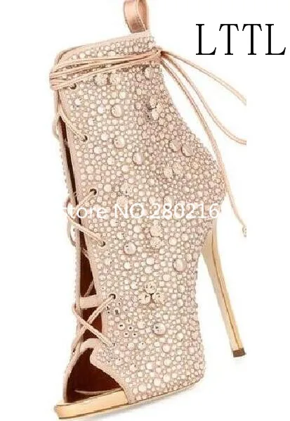 Hot Selling Fashion Bling Bling Crystal Nude Rhinestone Color Peep Toe Cross-Tied Women Ankle Booties Sexy Ladies Boots Sandals